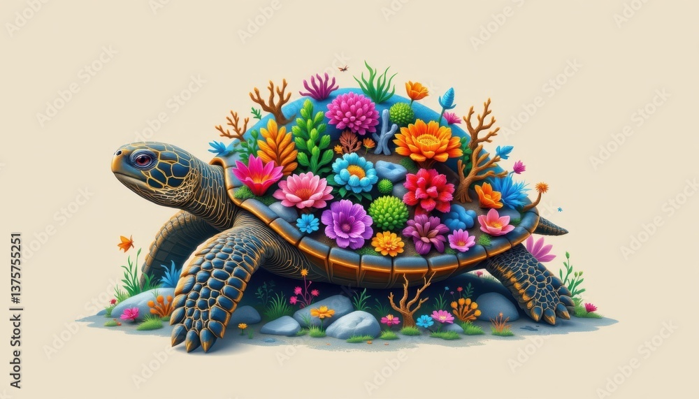 Poster turtle and coral reef create a turtle whose shell is filled with a lively coral reef, emphasizing th
