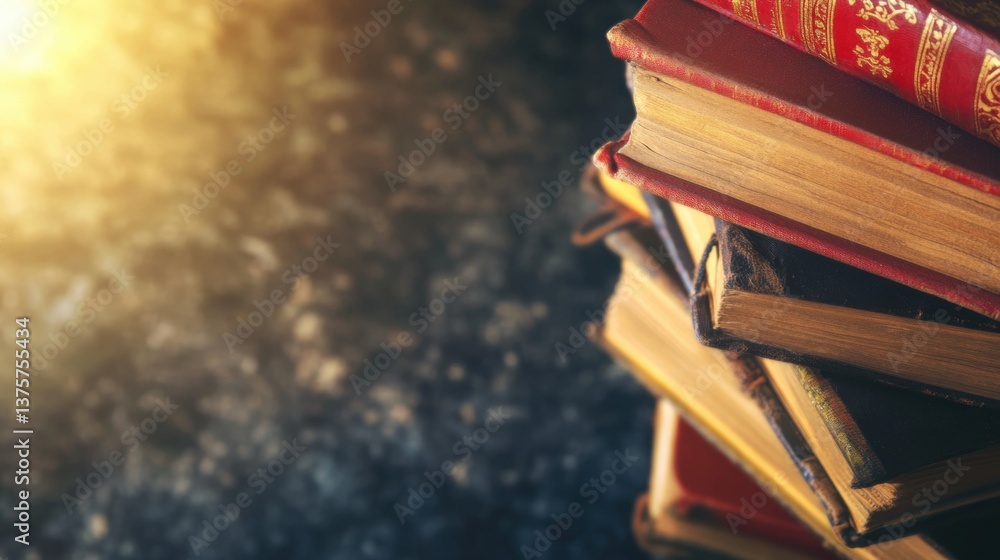 Poster a collection of classic books is arranged in a stack, illuminated by warm light that enhances a tran