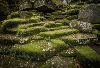 A set of stone steps covered in green moss.