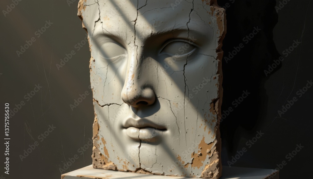 Poster light and shadow create a bust where shadowy areas emphasize the broken features, contrasting with b