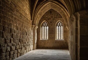 Obraz premium A stone archway with two windows in a stone building.