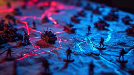 Strategic wargame simulation, miniature army figures on a tactical terrain map