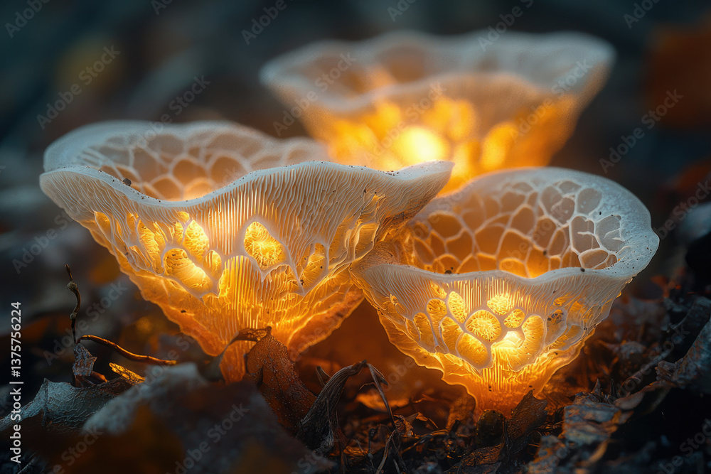 Poster glowing mushrooms illuminate the forest floor, their delicate structures glowing with an ethereal li