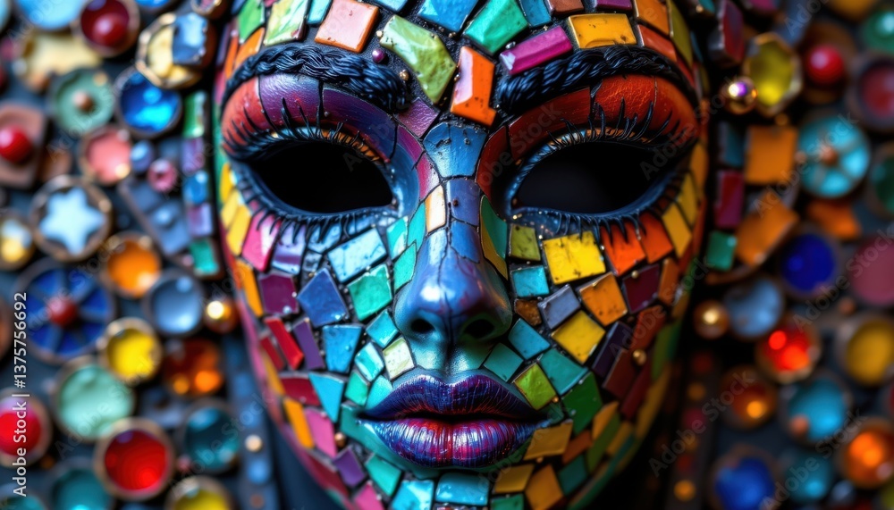 Poster mosaic mask create a face made up of colorful mosaic tiles, each capturing light differently, juxtap
