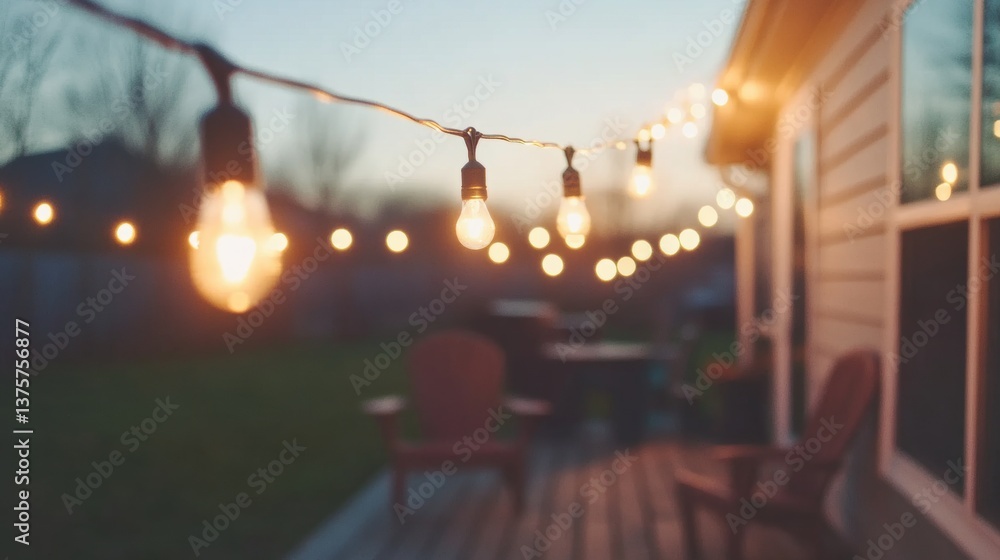 Poster string lights glow softly in the dusk, creating a serene atmosphere for an intimate gathering in a b