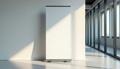 Roll up banner mockup. Roll-up banner with white blank canvas in sunny workspace interior — modern commercial mockup for signage, promotions, or indoor branding.