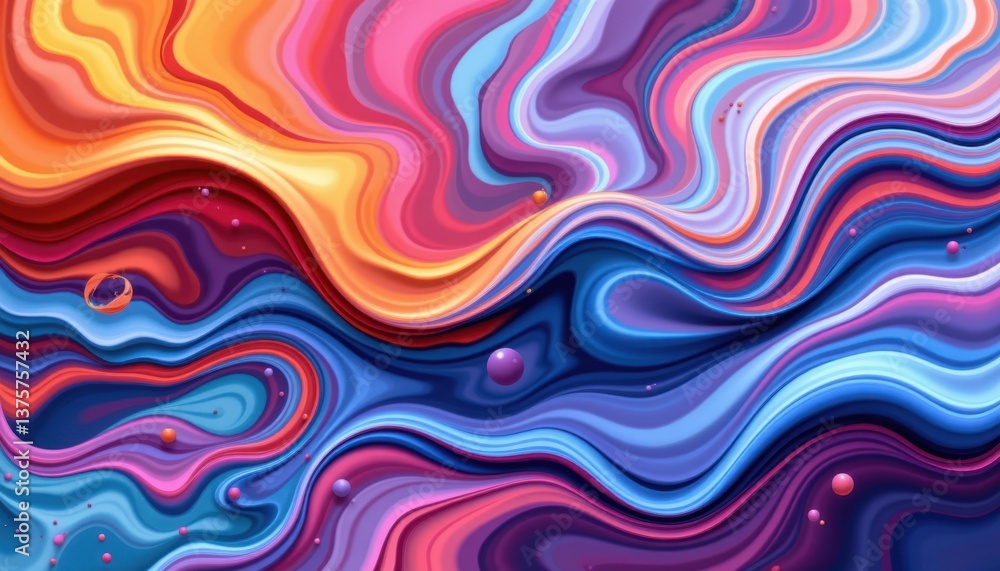Poster fluid dynamics illustrate liquid flowing into vibrant, splashing forms, capturing motion and color i