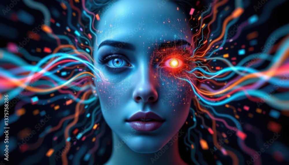 Poster introspection illustrate a reflective face with waves of color and data flowing behind it, suggestin