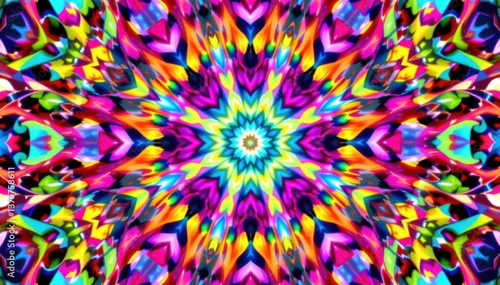 Poster kaleidoscope design illustrate a kaleidoscopic pattern of bright colors and shapes that seem to tran