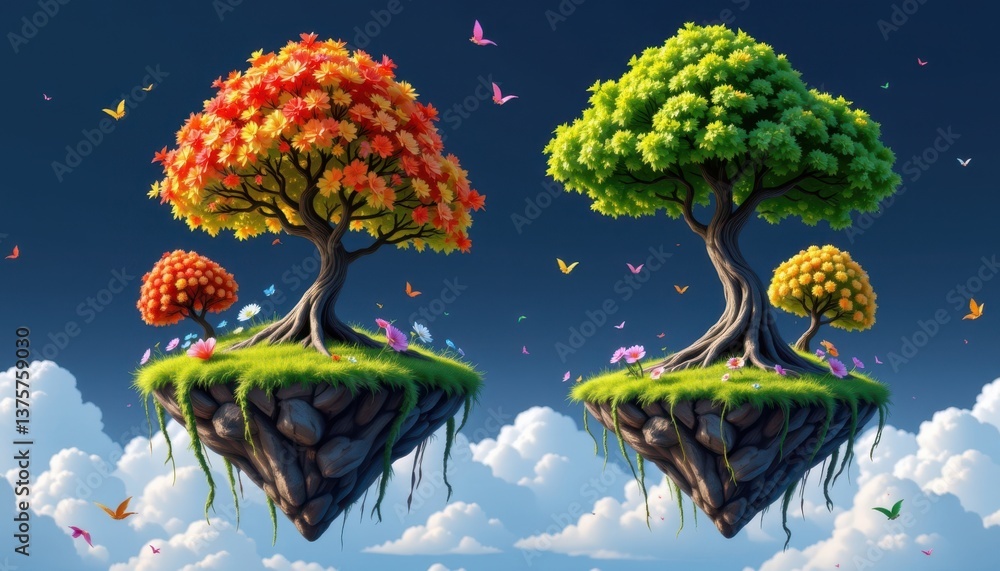 Poster floating island trees visualize trees growing on floating islands with flowing roots and colorful bl
