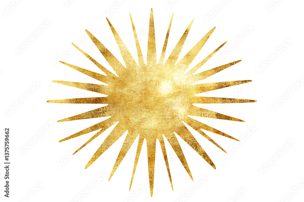 Poster a golden sunburst with sharp rays emanating from a central disc on a black background design element