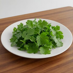 Green coriander leaves isolated on white plate