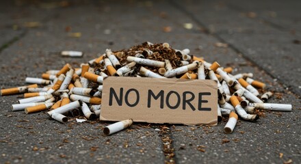 No More Smoking A Pile of Cigarette Butts and a Cardboard Sign