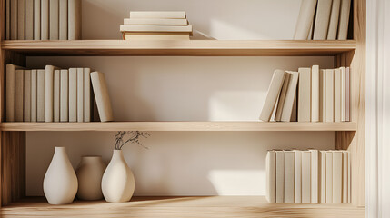 Fototapeta premium Bookshelves: A bright and organized display of books and decorative vases in a modern interior.
