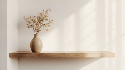 Minimalist interior with light streaming on a vase of dried flowers on a wooden shelf. Simple and natural.