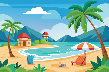 Tropical palm trees line the sun-kissed sand of a paradise island coast