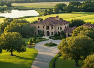 Aerial view of a luxury home with a driveway and a large lawn, located among lone, bushy green trees, surrounded by fields, a lake, trees, and a pond.