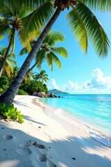 Fototapeta premium A tranquil tropical oasis on a sandy beach with palm trees and clear blue waters under a sunny sky , water, ocean, sun