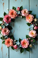 Muted floral wreath on distressed wood table , grunge floral background, natural
