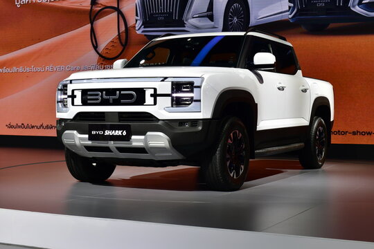 Thailand-March 26,2025: BYD Shark 6 DMO Super Hybrid Off-Road Platform, BYD's first pickup truck at the 46 Bangkok International Motor Show