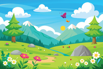 Vibrant summer landscape vector illustration of a green meadow with flowers, hills, and distant mountains under a bright sky