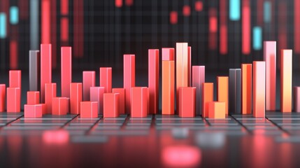 Obraz premium Abstract 3D Bar Chart Data Visualization with Red and Orange Bars on Dark Background