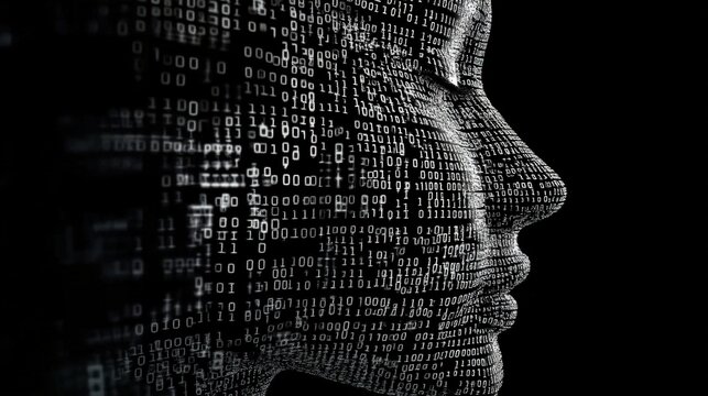 This striking image features a profile silhouette filled with binary code, representing the merging of technology and humanity in a digital age focused on data and identity.