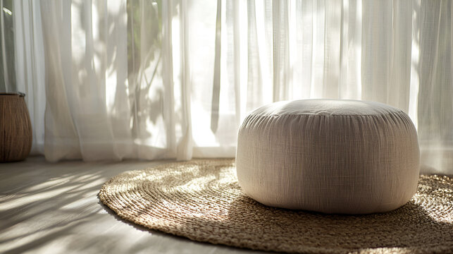 Cozy neutral interior with a light-colored linen pouf on a woven rug, near a window with sheer curtains.