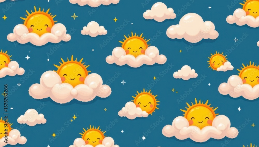 Poster cuddly clouds illustrate a pattern filled with fluffy clouds paired with smiling suns, creating a ch