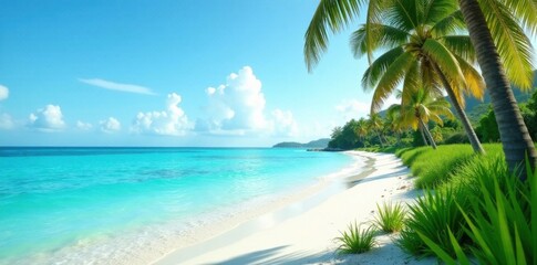 Palm tree lined shoreline with turquoise water and wavy grasses in the foreground , turquoise, palm tree, wave