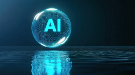 Futuristic AI Sphere Reflecting on Water Surface with Digital Circuitry