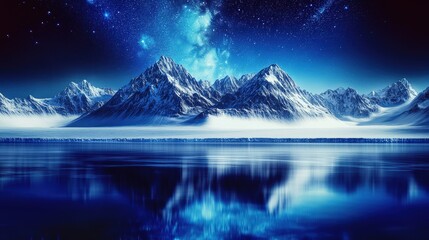 Stunning view of snow-covered mountains reflected in a tranquil body of water, dotted with stars above, conveying a sense of peace and the magnificence of nature.