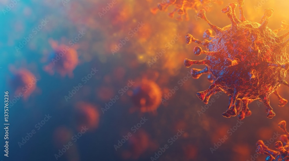 Poster a vibrant depiction of a virus highlights its unique structure, showcasing colors and intricate feat