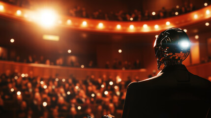 Futuristic robot speaker addressing a large audience in a dimly lit auditorium under a spotlight at a technology conference event