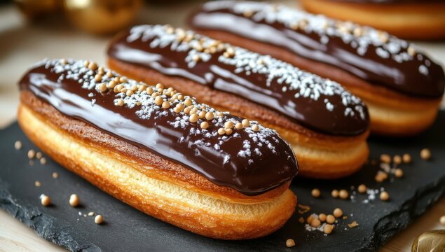 Mouthwatering eclairs topped with chocolate. Exquisite pastry. Sugary and flavorful food. Heavenly dessert