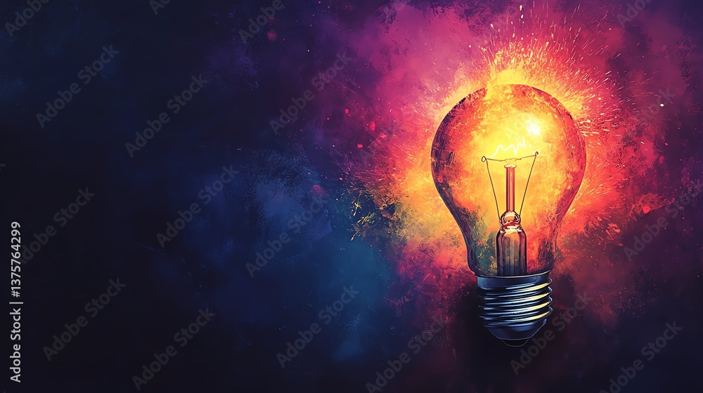 Poster exploding light bulb with vibrant colors and sparks flying, symbolizing the burst of creativity and 