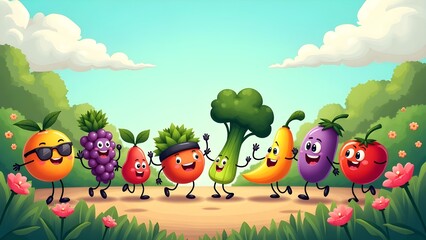 beautiful fruits and vegetables in happy mode dancing together with blue sky background . illustration 