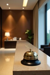 Service bell on hotel reception with modern lobby background, hospitality, reception desk, hotel lobby