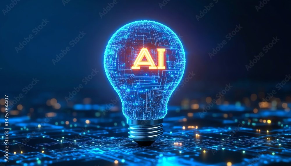Poster Glowing light bulb with a microchip and AI text on a blue digital background, symbolizing the integration of artificial intelligence and technology