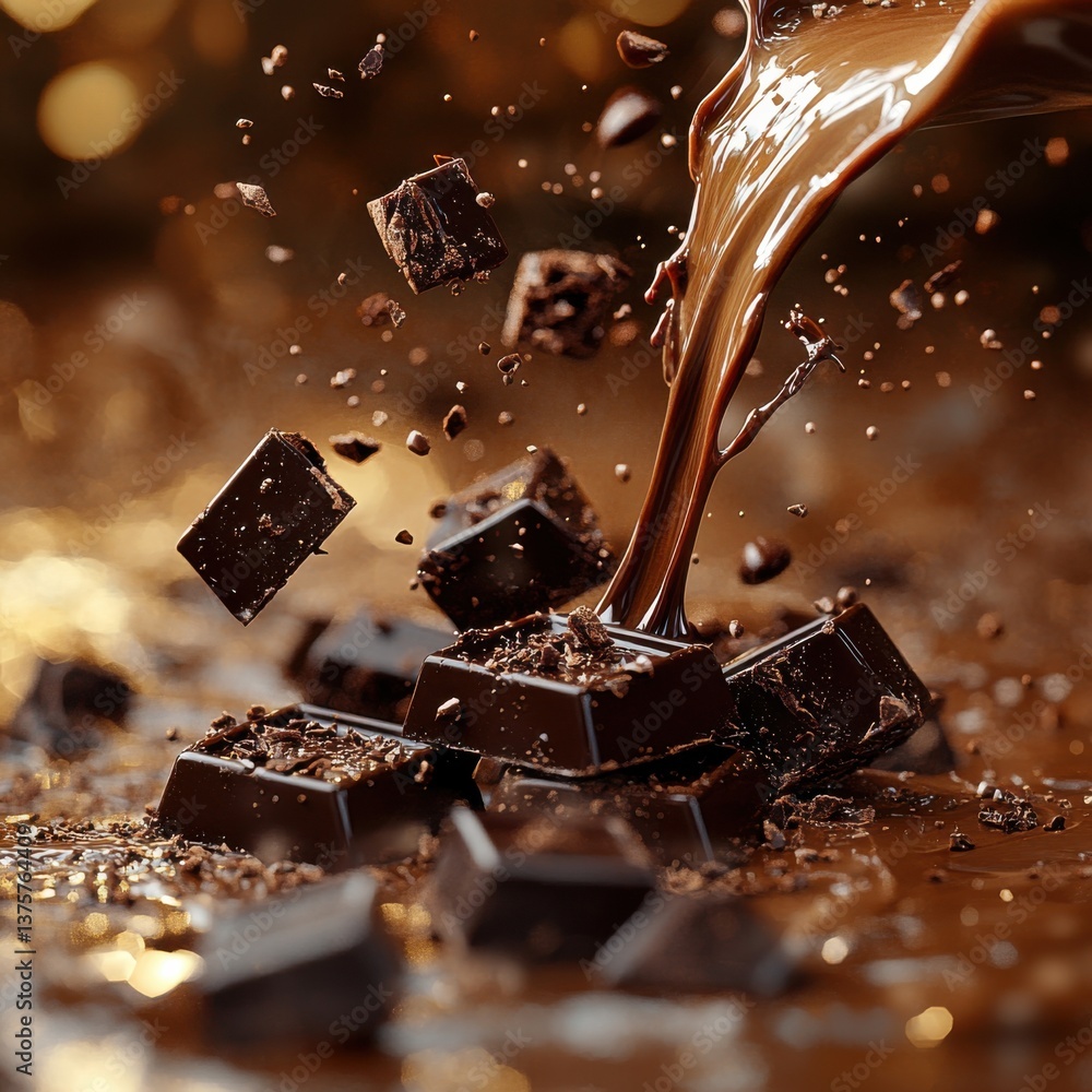 Poster a rich, dynamic image of chocolate pouring and splashing, surrounded by chocolate pieces, creating a