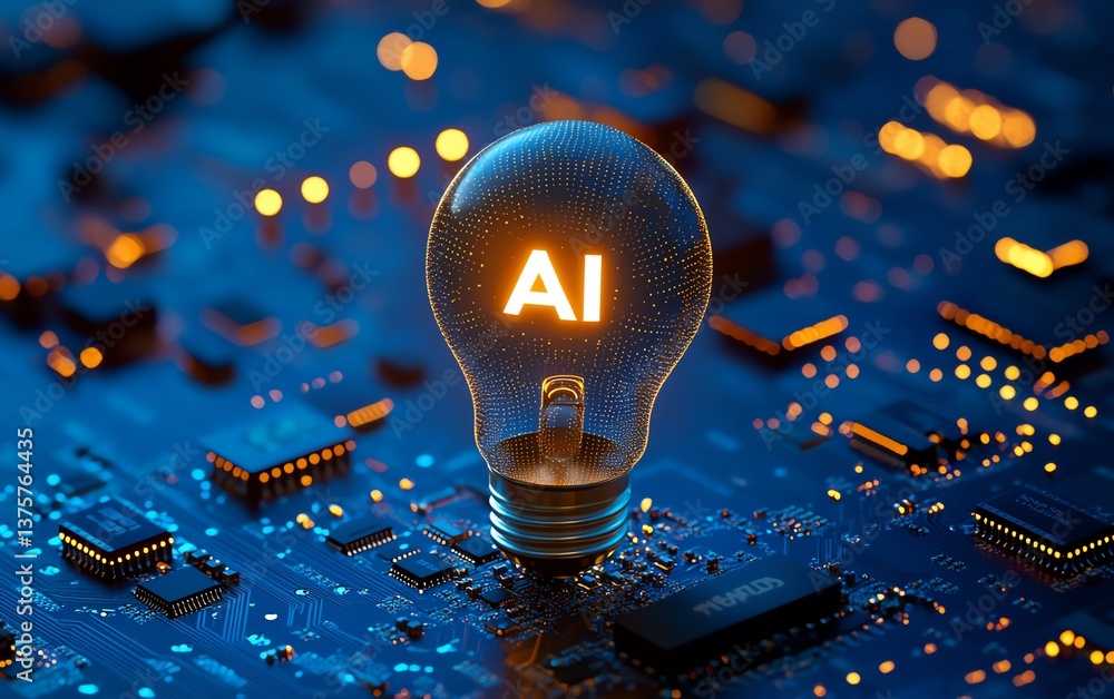 Leinwandbilder Glowing light bulb with a microchip and AI text on a blue digital background, symbolizing the integration of artificial intelligence and technology