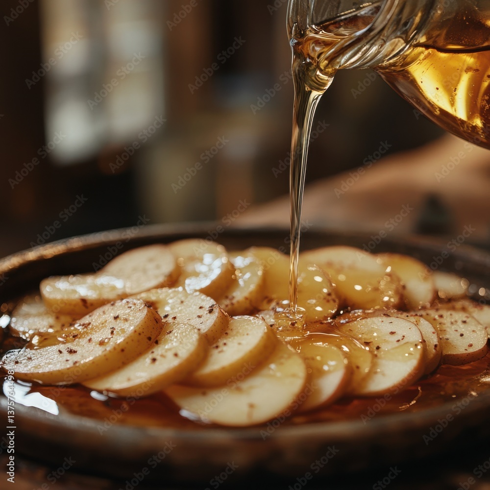 Poster sliced potatoes drizzled with golden syrup on a rustic plate, creating a warm and inviting culinary 