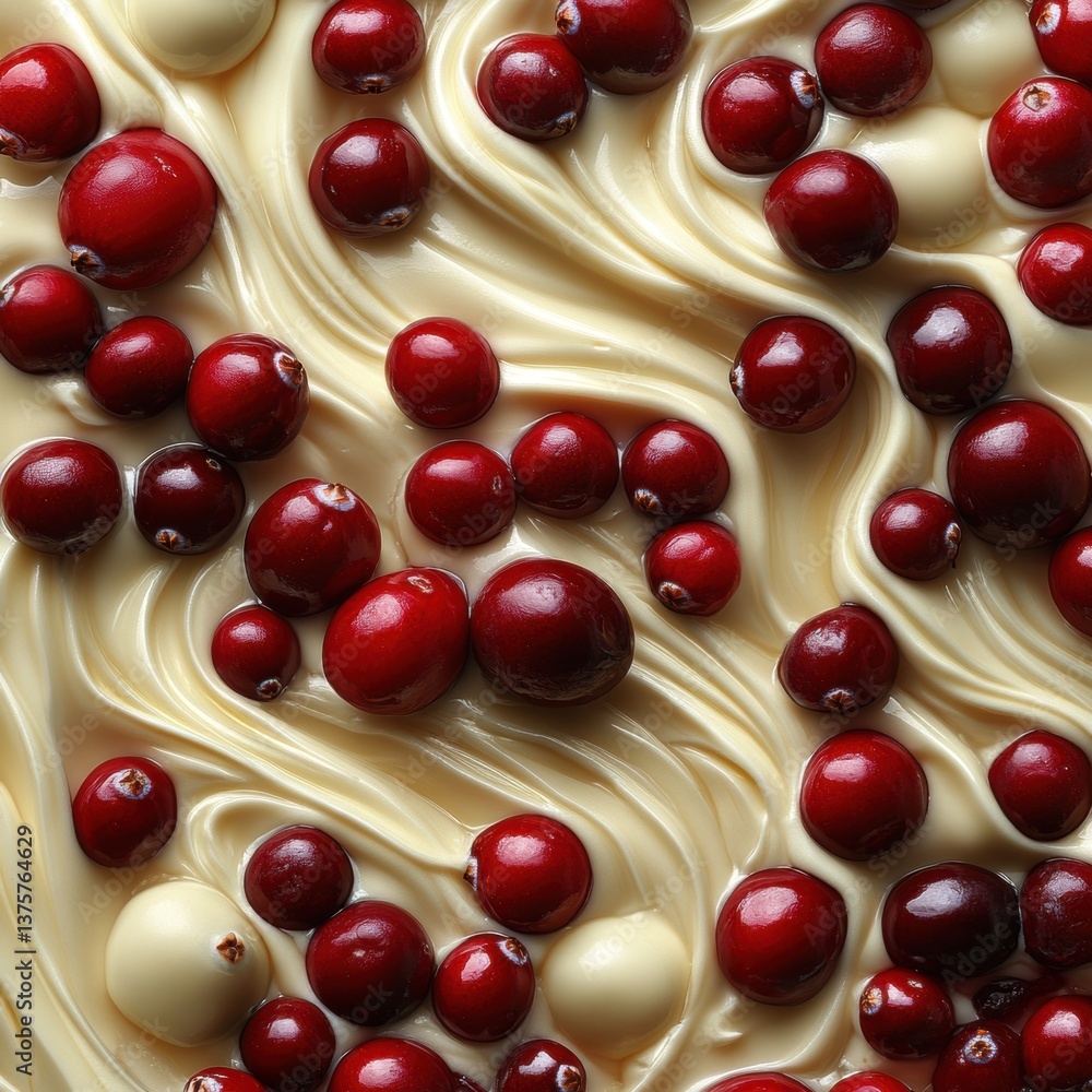 Poster a rich, creamy background swirled with glossy red berries, creating an enticing and visually appeali