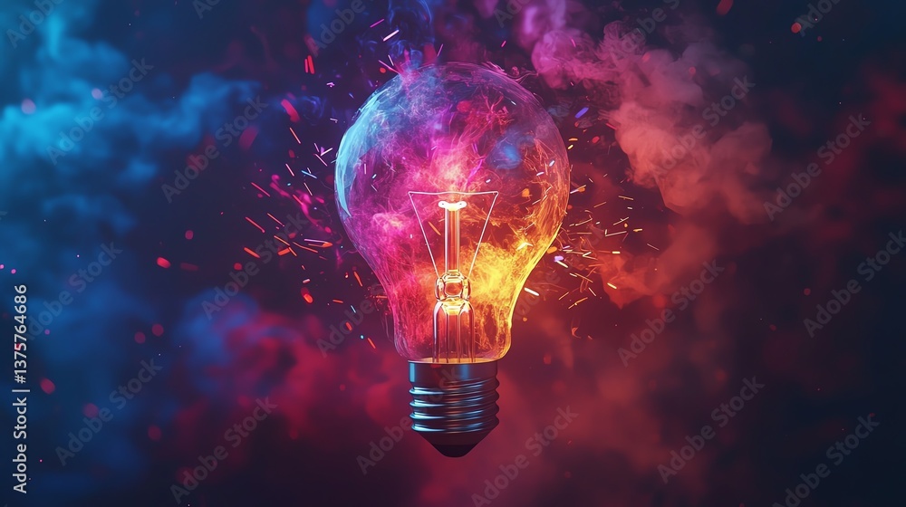 Aufkleber Light bulb exploding with colorful light and shards flying, representing a sudden burst of ideas and innovation against a dark backdrop