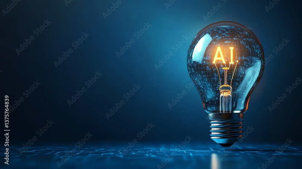 Aufkleber Light bulb with a microchip inside and the text AI glowing, set against a blue background, symbolizing artificial intelligence and innovation