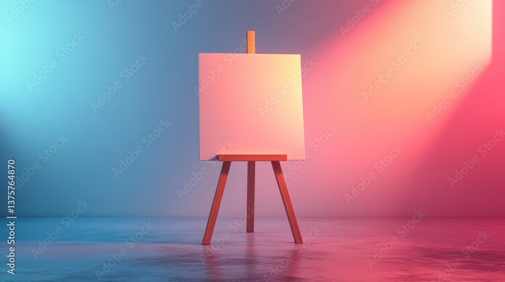 Poster a blank canvas on an easel, illuminated by colorful lighting, creating a vibrant and artistic atmosp