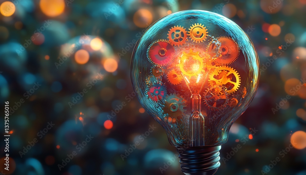 Poster vibrant light bulb glowing with colorful gears inside, symbolizing creativity and innovation, surrou
