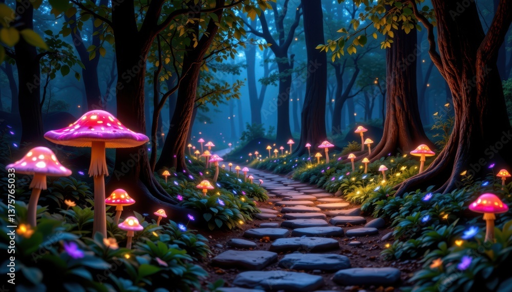 Poster magical forest path design a serene forest path illuminated by glowing mushrooms and fireflies, with