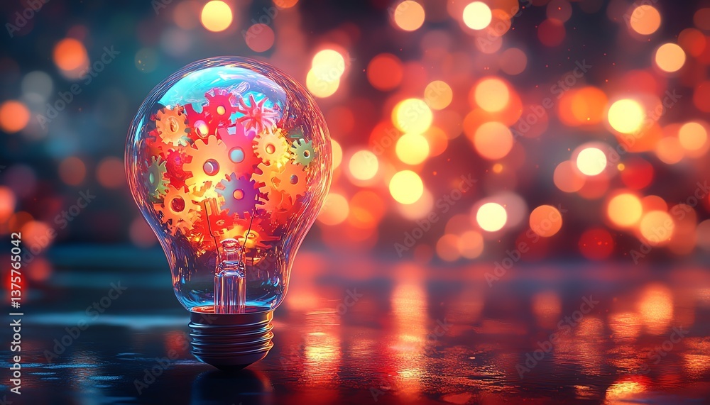 Poster vibrant light bulb glowing with colorful gears inside, symbolizing creativity and innovation, surrou