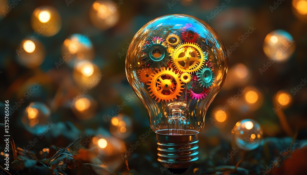 Poster vibrant light bulb with multicolored gears inside, symbolizing innovation and creativity, glowing ag